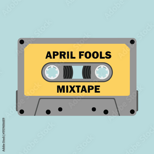 April fools mixtape retro cassette tape illustration, vintage audio object with playful text for nostalgic and prank-themed designs