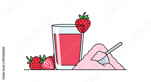 A glass of pink strawberry drink with a garnish sits next to a pile of pink powder and three whole strawberries on a white surface.