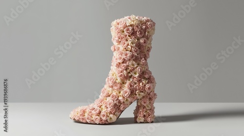 A structured ankle boot entirely covered in blush pink roses and cream blooms on neutral grey background. Sophisticated floral fashion sculpture capturing spring 2026 luxury and feminine elegance.