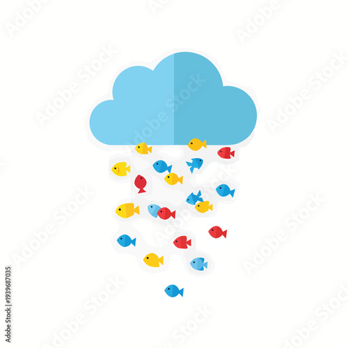 Colorful fish raining from blue cloud representing surreal weather phenomenon and april fools day prank concept on clean white background vector image