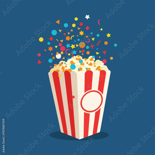 Popcorn box exploding with colorful confetti and geometric shapes on dark blue background representing party celebration and cinema surprise event art