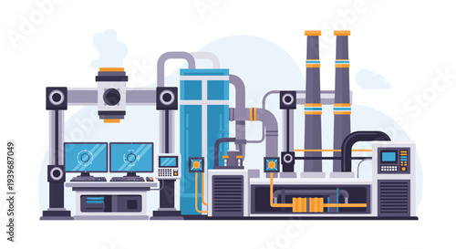 An intricate industrial factory scene showcases a large blue tank, two tall smokestacks, and various interconnected machinery with control monitors.