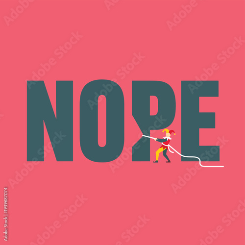 Jester character pulling rope against large nope text on red background representing refusal or rejection in minimalist flat design vector illustration
