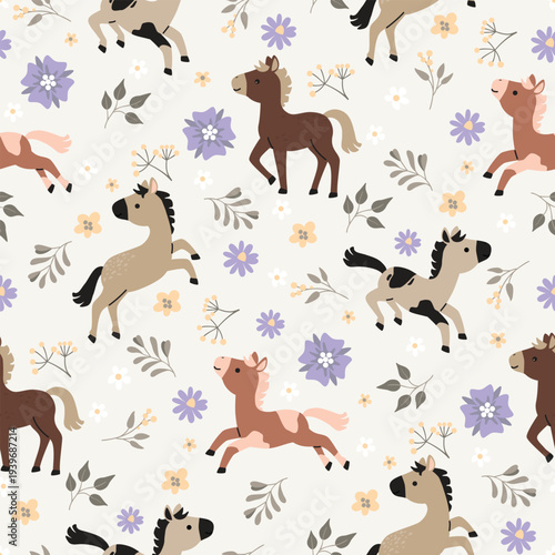 Little horses seamless pattern with blossoms and twigs. Cartoon cute animals having fun in flowering meadow. Brown, gray, yellow, lilac colors. Childish print on fabric and paper. Vector illustration.