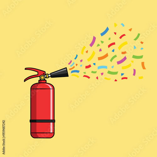 Confetti shooting out of a fire extinguisher on a yellow background, creating a festive and surprising visual for celebrations and pranks