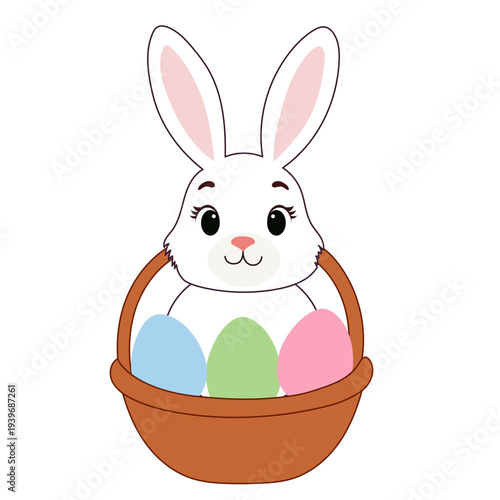 Cute Easter Bunny Character. Cartoon Rabbit Mascot. Spring Easter Holiday Drawn Traditional Talisman Icon. Funny Tiny Happy Whimsical Bunny Rabbit Animal for  Easter card Invitation Decoration Design.