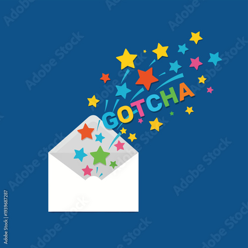 White envelope with colorful stars bursting out and gotcha text surprise mail illustration for pranks and celebratory messages on blue background