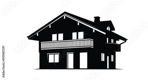 Detailed black silhouette of a classic alpine chalet style home silhouette