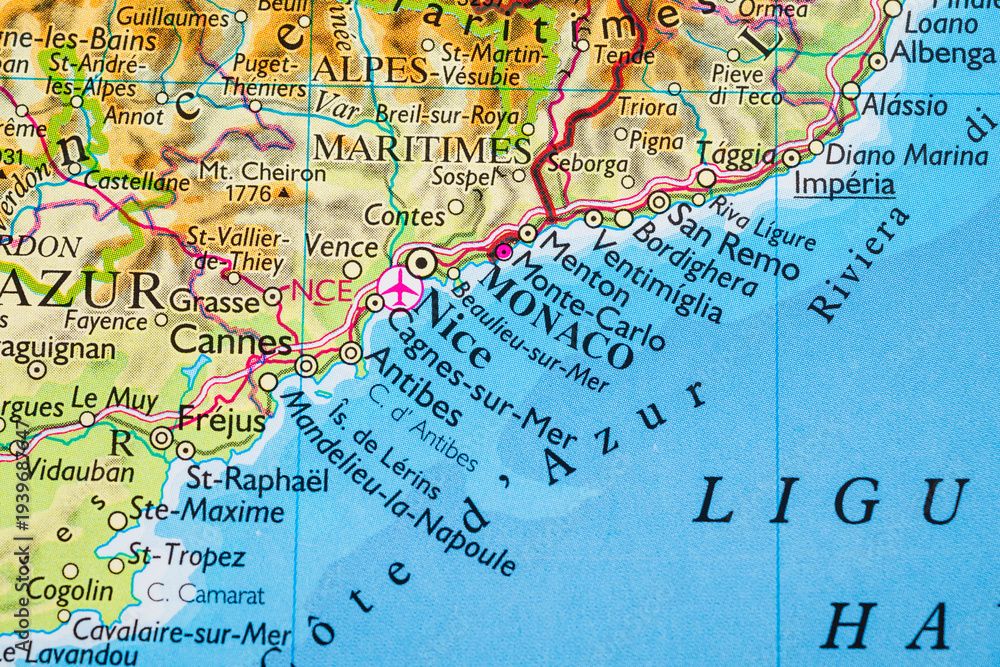 Obraz premium Detailed map of Monaco Nice and French Italian Riviera coastline.