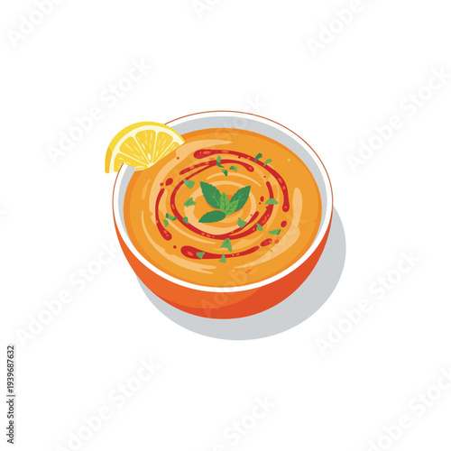 Turkish Red Lentil Soup with Lemon and Chili Oil Flat Vector Illustration.