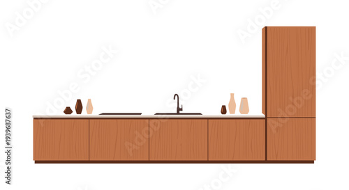 A modern kitchen features wooden base cabinets, a white countertop with a sink and faucet, and decorative vases alongside a tall pantry.