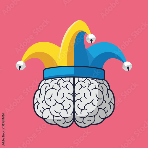 Conceptual illustration of human brain wearing colorful jester hat with bells on pink background representing humor creativity and playful thinking