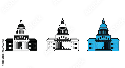 Three variations of a capitol building depicted as a silhouette