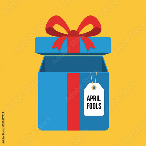 Open gift box with an 'april fools' tag, symbolizing a playful prank or joke for april fools' day