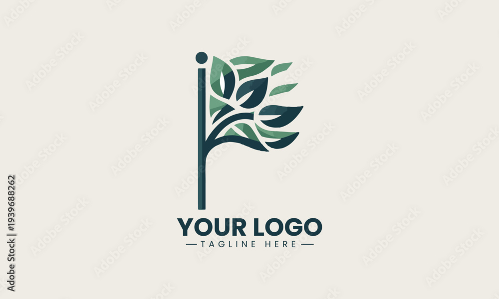 Fototapeta premium Leaf shaped flag logo represents eco friendly business brand identity concept in clean minimalist black vector illustration isolated on white background