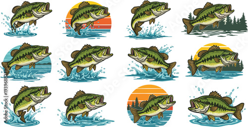 Collection of large mouth bass fish jumping out of water with various sunset backgrounds in a raster illustration style