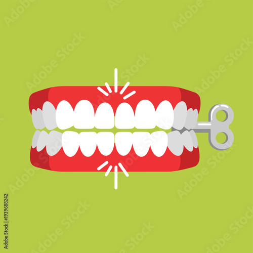 Chattering teeth toy with silver wind up key on green background flat vector illustration for dental humor or classic windup clockwork novelty joke art