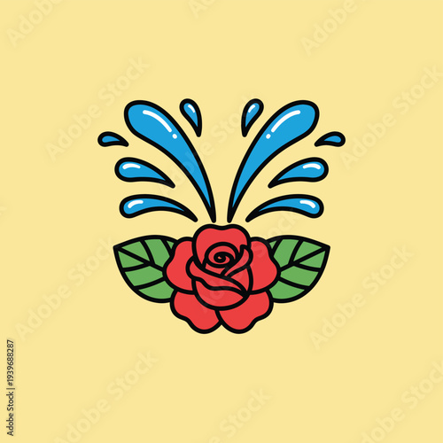 Vintage style rose flower with water splash droplets flat vector illustration on yellow background representing classic prankster squirting flower