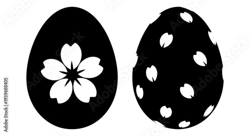 Black and white Easter egg silhouettes vector set with decorative cherry blossom flower and scattered petal patterns, ideal for spring holiday designs, greeting cards, and festive decorations.