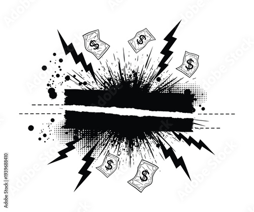 Dynamic vector featuring dollar bills exploding outward with lightning bolts and halftone effects