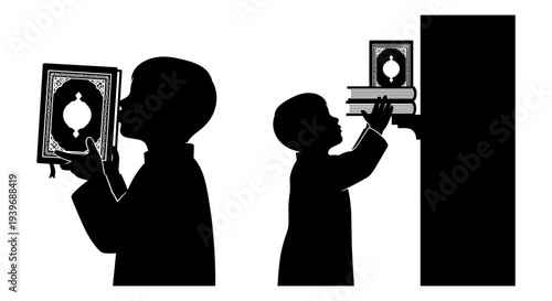 Silhouette vector illustration of two Muslim boys interacting with the Quran, one reading and the other placing books on a shelf, depicting Islamic education and tradition.