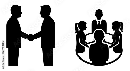 Business people handshake and team meeting vector icons set for collaboration, partnership, and corporate communication concepts