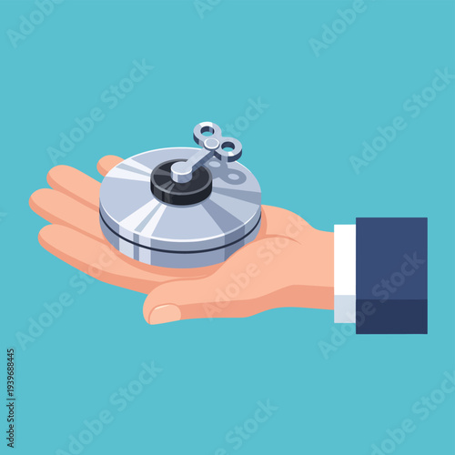 Illustration of hand holding wind-up toy, symbol of prank or joke, concept for april fools day fun and surprise