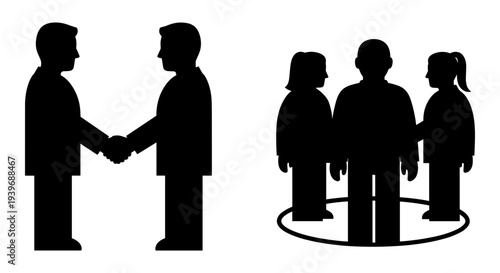 Business Deal Handshake and Group of People Silhouettes Vector Icon Set for Partnership, Teamwork, and Social Interaction Concepts
