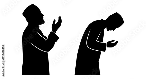 Muslim Man Praying Silhouette Vector Set: Two Black Figures in Traditional Attire, One with Hands Raised, One Bowing, Representing Islamic Prayer and Worship