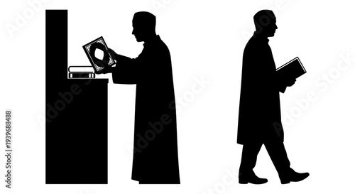 Black silhouette vector illustration of a male librarian or archivist placing a book on a scanner and another walking with a book, ideal for educational, research, or library-themed designs.