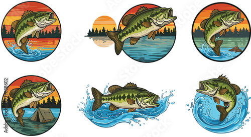 Six colorful illustrations of largemouth bass fish in various poses and oval shapes with water and sunset backgrounds