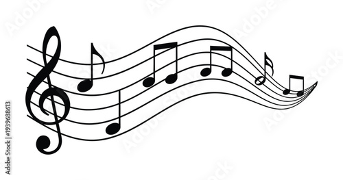 Vector of musical notes flowing across a stave
