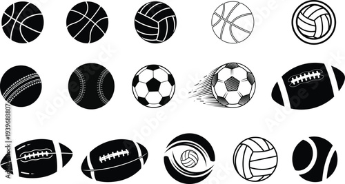 A collection of various sports balls icons in black and white