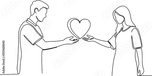 A line drawing of a man and woman exchanging a heart