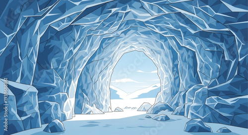 Ice Cave Entrance with Glacial Walls and Bright Light.