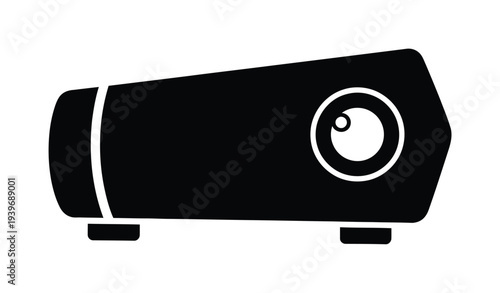 Vector icon depicting a projector with a prominent lens on the front and two legs for stability.