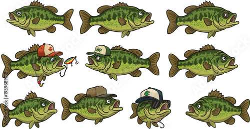 Nine green fish with various flies stuck in their mouths on a white background for fishing or cartoon concept