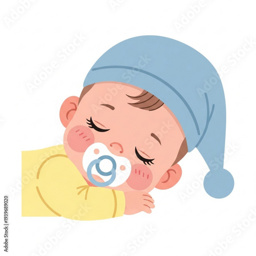 Baby sleeping peacefully with pacifier in mouth and blue hat  