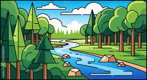 Serene River Flowing Through Lush Forest Landscape.