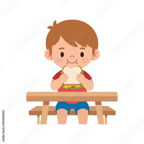 Young boy sitting at picnic table enjoying sandwich during lunchtime  