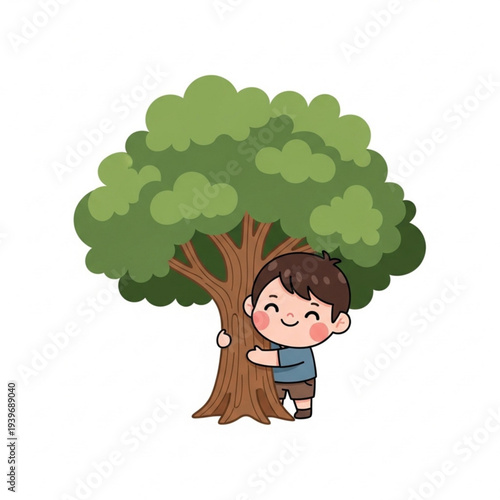 Young boy happily hugging a tree with green foliage in daylight  