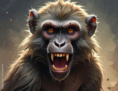 A close-up portrait shows a snarling primate with exposed fangs and intense orange eyes, its fur bristling in a threatening pose
