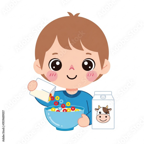 Young boy pouring milk into bowl of colorful cereal with joy  