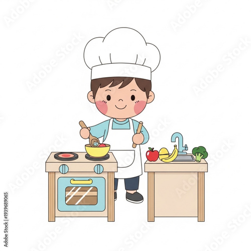 Young child pretending to be a chef in toy kitchen with vegetables  