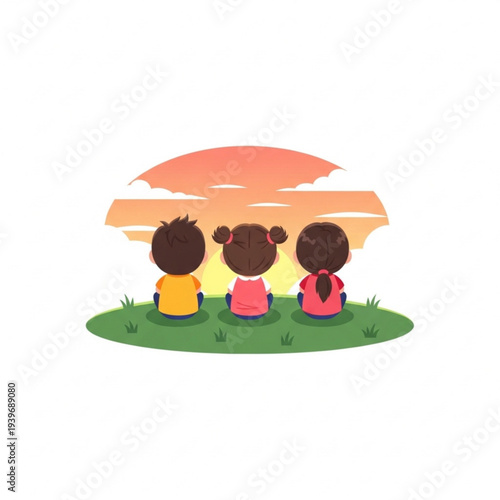 Three children watching sunset together on grassy hilltop  