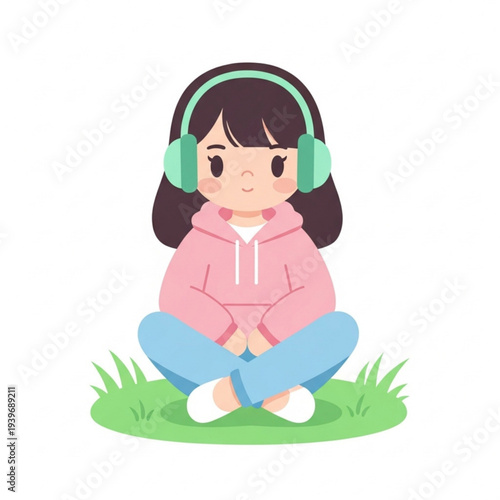 Girl sitting on grass with headphones and relaxed expression  