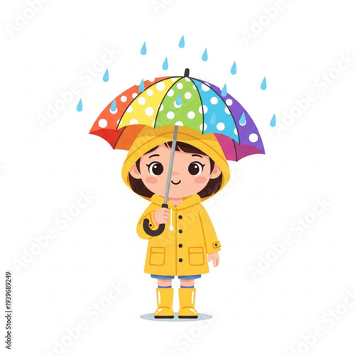 Girl standing in rain holding a colorful umbrella and wearing a raincoat  