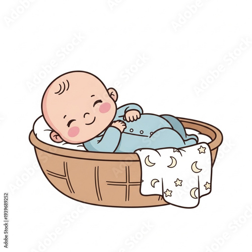 Infant lying in a basket wrapped in a blanket with stars  