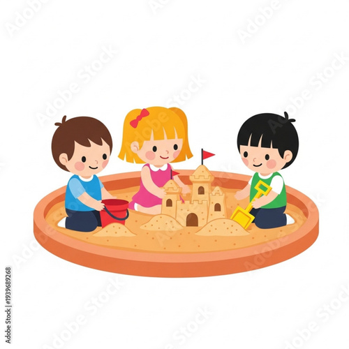 Children playing in sandbox while building sandcastle together  