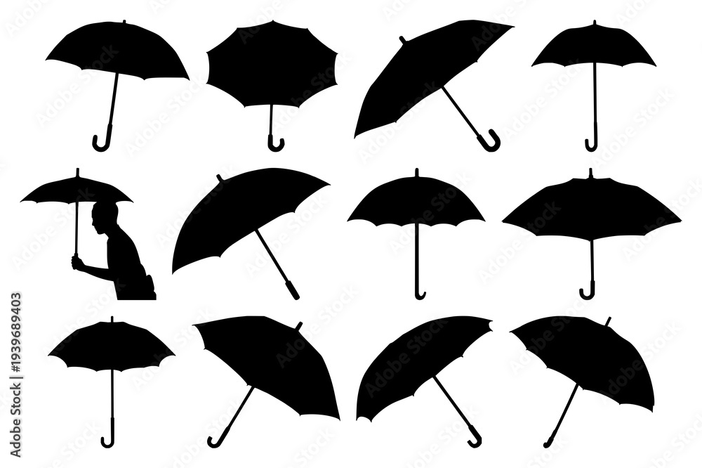 Obraz premium Elegant black umbrella silhouette against a muted blue background, perfect for wedding farewells, travel brochures, and atmospheric graphic design